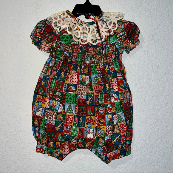 Vintage Allison Ann Christmas patchwork smocked bubble infant romper - Picture 1 of 4